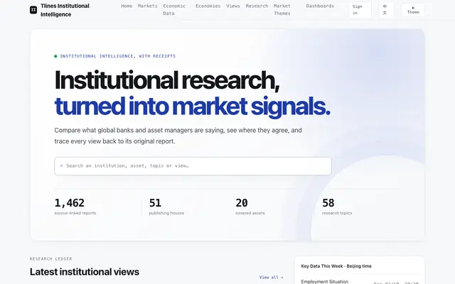 Screenshot of Tlines Institutional Intelligence | Bank Research & Market Consensus