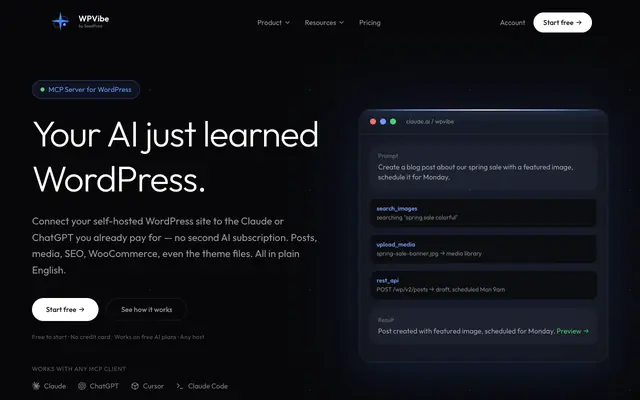 Screenshot of WPVibe: Connect Claude, ChatGPT, and Cursor to WordPress