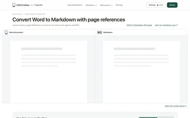 Screenshot of Word to Markdown converter with page references | DOCX Editor