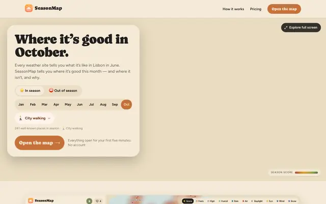 Screenshot of SeasonMap — where to travel, by the weather you actually want