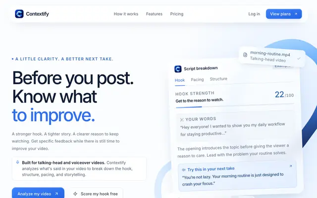 Screenshot of Contextify — AI Video Script Analyzer & TikTok Hook Scorer