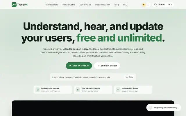 Screenshot of TraceUX — The complete self-hosted UX bundle