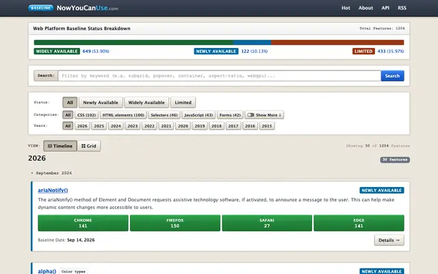 Screenshot of Web Platform Baseline Timeline — Now You Can Use (Web Baseline)