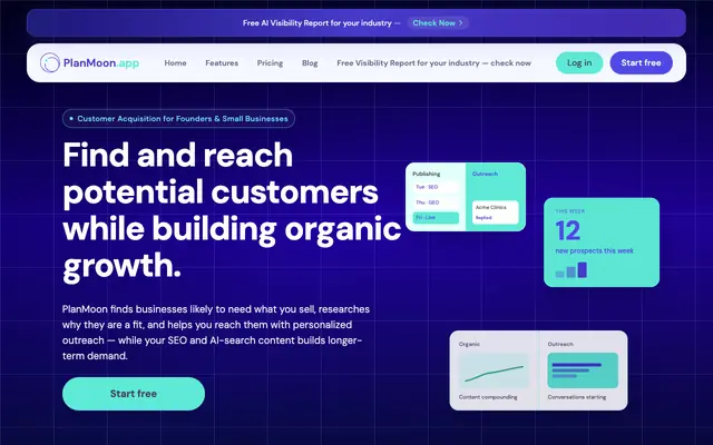 Screenshot of PlanMoon | Get Your First Customers — Organic Growth + Targeted Outreach