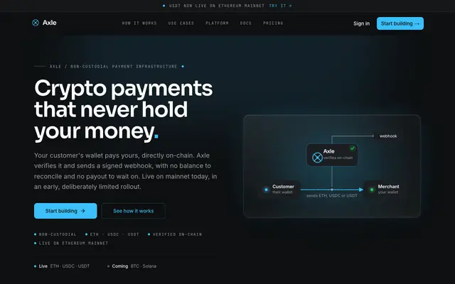 Screenshot of Axle — Non-custodial crypto payments for developers