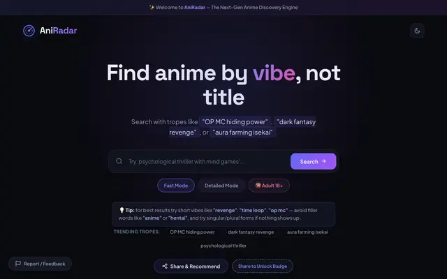 Screenshot of AniRadar — Smart Anime Search Engine