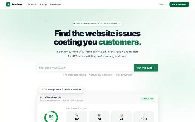Screenshot of Scanium — Agent-Powered Website QA & Audit