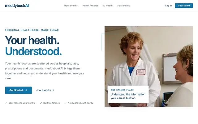Screenshot of meddybookAI — Your health. Understood.