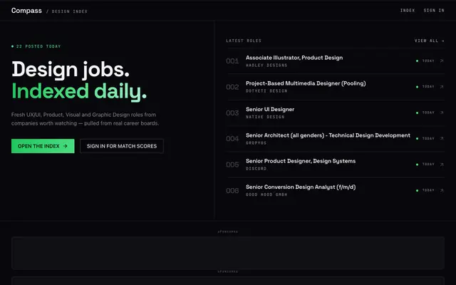 Screenshot of Compass — Fresh Design Jobs from Top Companies