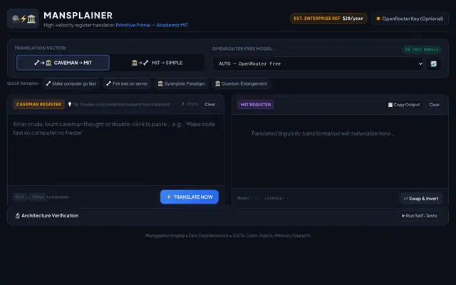 Screenshot of Mansplainer — Rapid Linguistic Register Translator