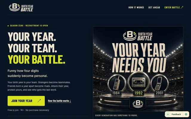Screenshot of Birth Year Battle — Join your year. Recruit your rivals.