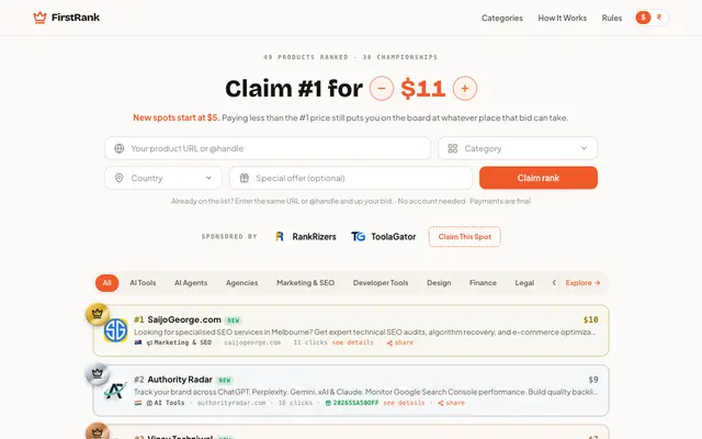 Screenshot of FirstRank.lol – Claim Your Spot & Challenge #1