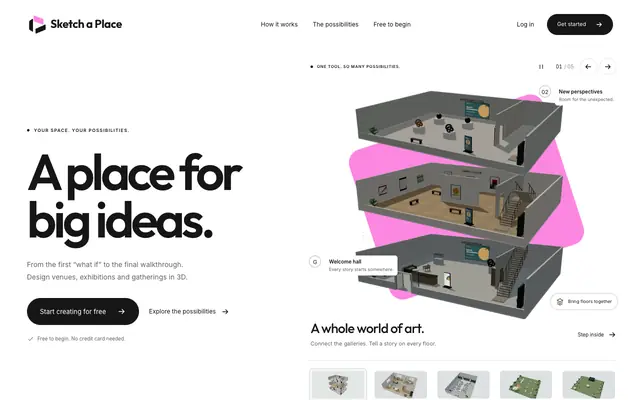 Screenshot of Sketch a Place · Plan venues and exhibitions in 3D