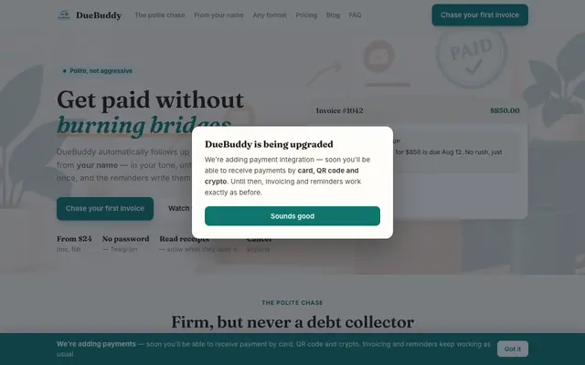 Screenshot of Automated Invoice Follow-Ups for Freelancers | DueBuddy