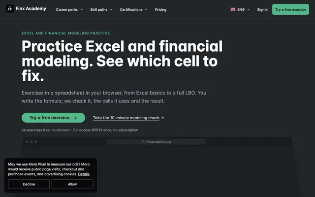 Screenshot of Financial Modeling Courses & Excel Practice | FinX Academy