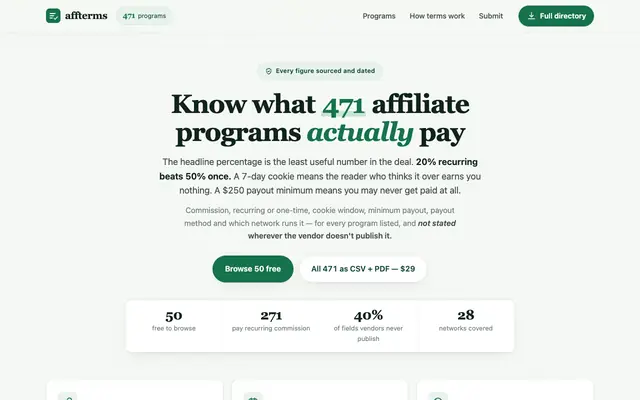 Screenshot of Affiliate program terms for 417+ dev and SaaS tools