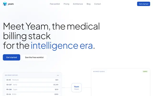 Screenshot of Yeam — denial recovery for medical billing