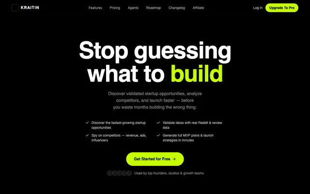 Screenshot of Kraitin — The AI Cofounder That Tells You What To Build