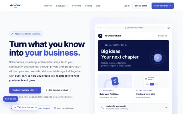 Screenshot of VeloxonHub — Everything managed by AI, all in one platform