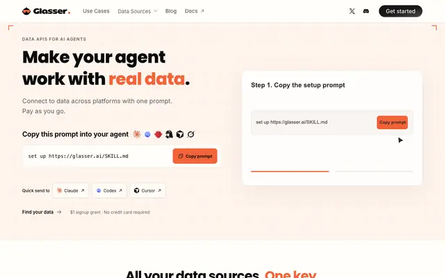 Screenshot of Glasser — Pay-as-you-go APIs for AI agents