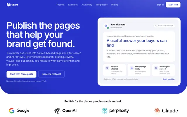 Screenshot of Publish source-backed pages for search and AI visibility · Ryterr