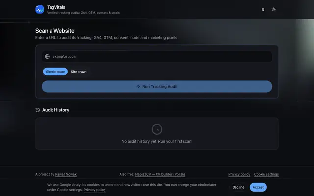 Screenshot of TagVitals — GA4 & GTM tracking health check