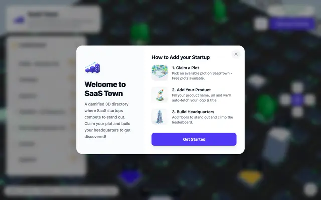 Screenshot of SaaSTown - A gamified 3D directory for SaaS startups