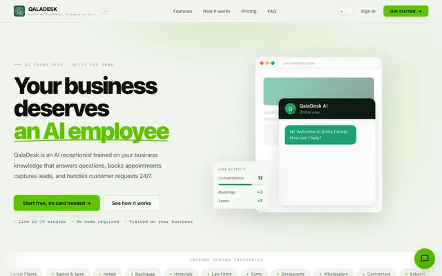 Screenshot of QalaDesk — AI Receptionist for Your Website