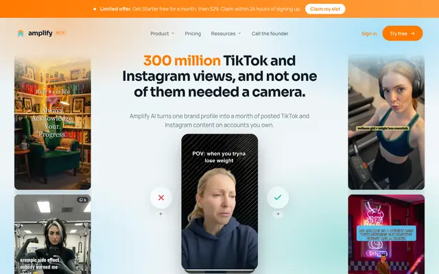 Screenshot of Amplify AI: your brand, all over TikTok and Instagram