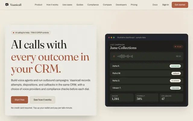 Screenshot of Vaanicall — AI calling that closes the loop