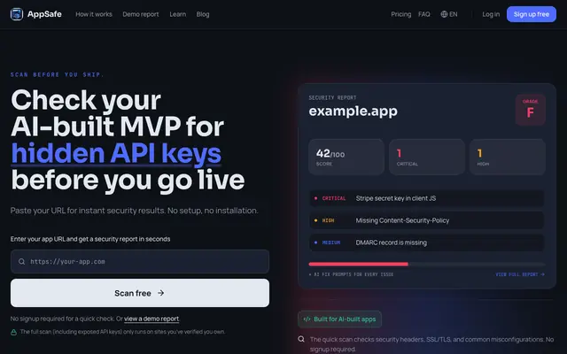Screenshot of AppSafe — Find exposed API keys before attackers do