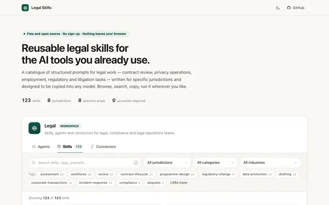 Screenshot of Legal Skills — open-source legal AI skill catalogue