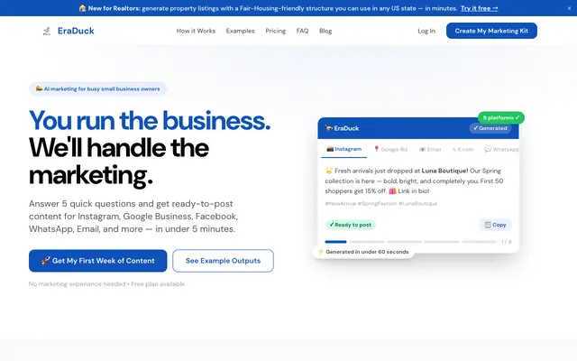 Screenshot of EraDuck — AI Marketing in 5 Minutes