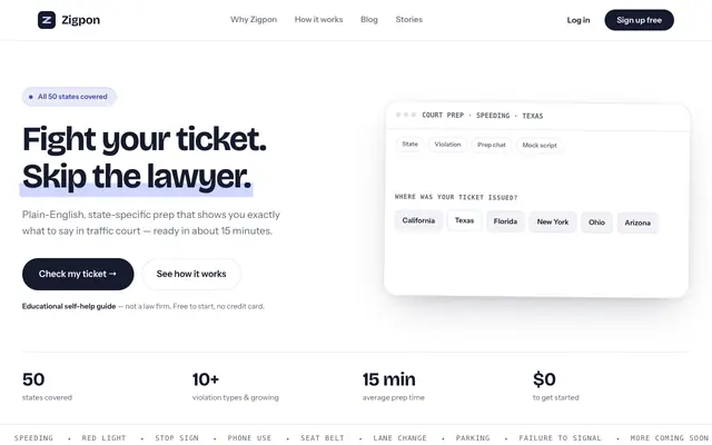 Screenshot of Zigpon – Fight Your Traffic Ticket. Skip the Lawyer.