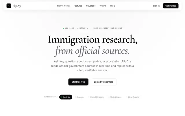 Screenshot of FlipDry — Immigration Research from Official Sources