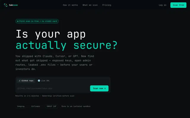 Screenshot of Hakscan: Security scans for AI-built apps