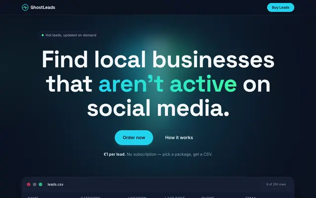 Screenshot of GhostLeads — Businesses neglecting their social media