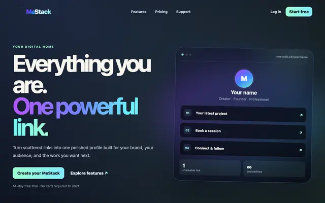 Screenshot of MeStack — Everything you are, in one link