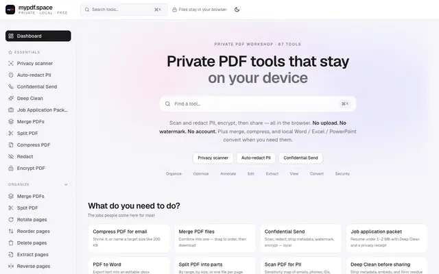 Screenshot of mypdf.space - Private PDF tools, PII redact, No Upload