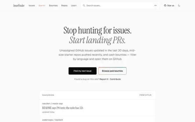 Screenshot of IssueFinder – Fresh issues, starter projects & paid bounties