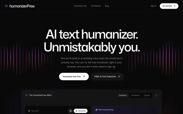 Screenshot of humanizerFree — AI Text Humanizer & Voice-to-Text Writing Assistant