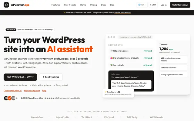 Screenshot of WordPress AI Chatbot Plugin — WPChatbot | ₹3,999/yr