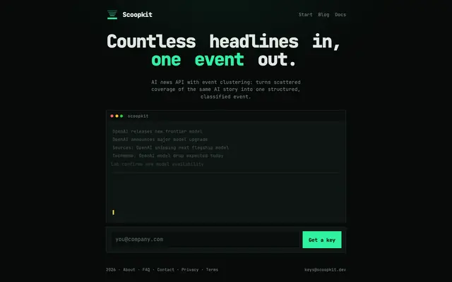 Screenshot of Scoopkit — Countless headlines in, one event out