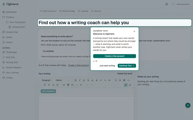 Screenshot of Try Oghmere — free writing feedback