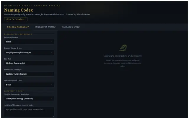 Screenshot of Naming Codex