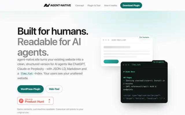 Screenshot of Agent-Native - Make Your Website Readable for AI Agents (llms.txt, JSON-LD)