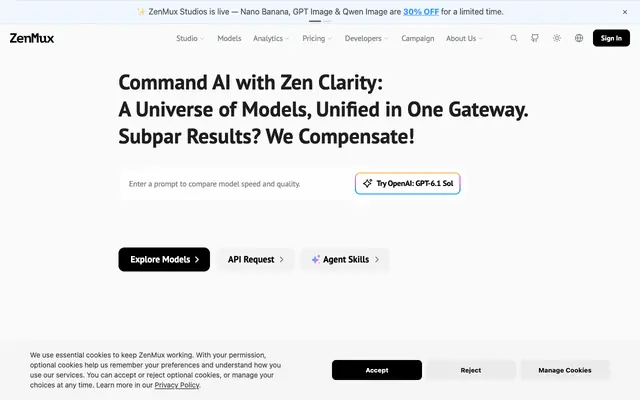 Screenshot of ZenMux — Unified API for 100+ AI Models | Claude, GPT, Gemini