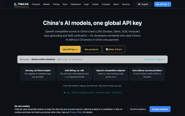 Screenshot of TideLink — China AI, Maps & SMS API for global developers