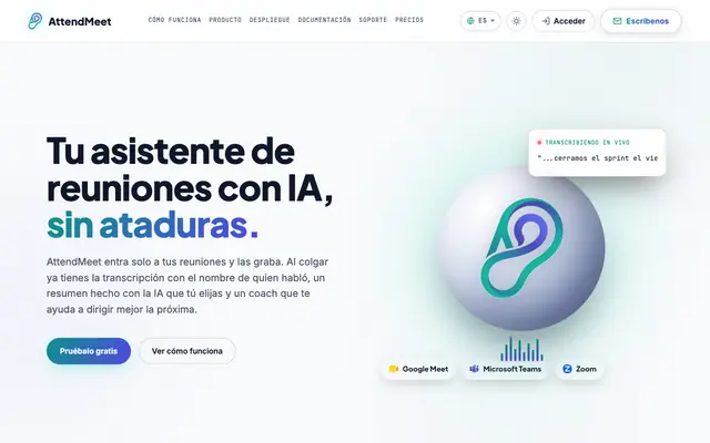 Screenshot of AttendMeet: tu asistente de reuniones potenciado con IA | aerstech
