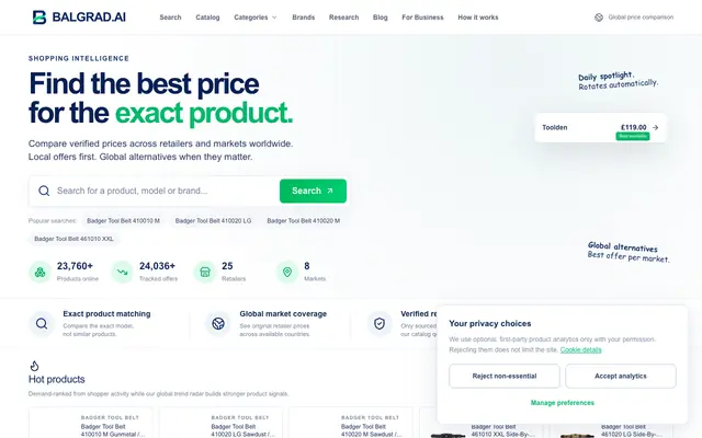 Screenshot of BALGRAD.AI — Compare exact product prices across retailers